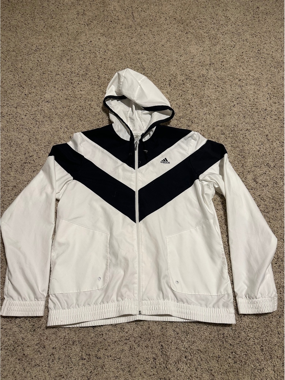 Adidas Men's White and Black Windbreaker Jacket with Hood